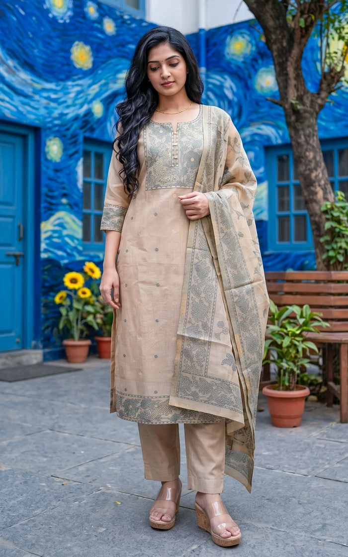 Beige Peacock and Floral Yoke print Straight cut Kurta set